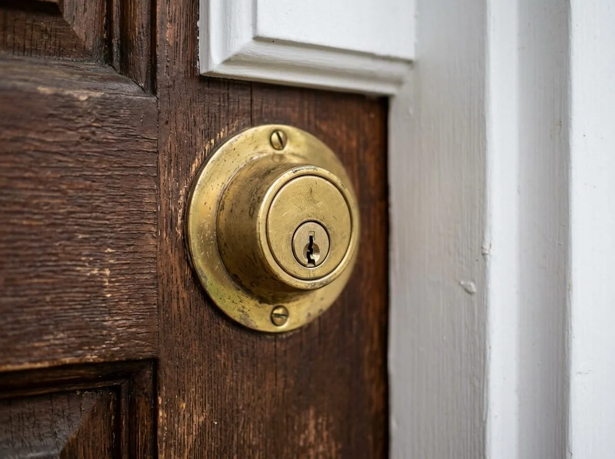 Brass deadbolt cylinder on residential door in Redwood City