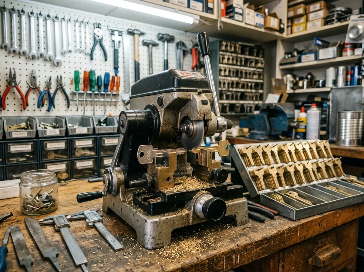 Professional key cutting machine on locksmith workbench