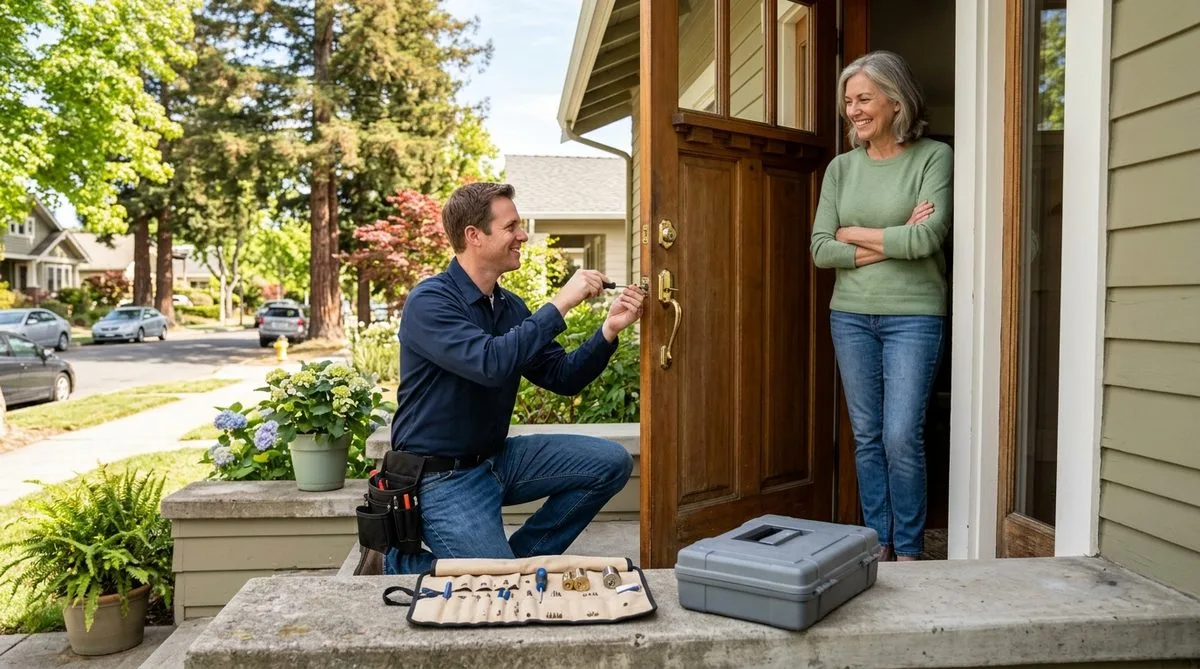 Locksmith rekeying deadbolt at Redwood City home